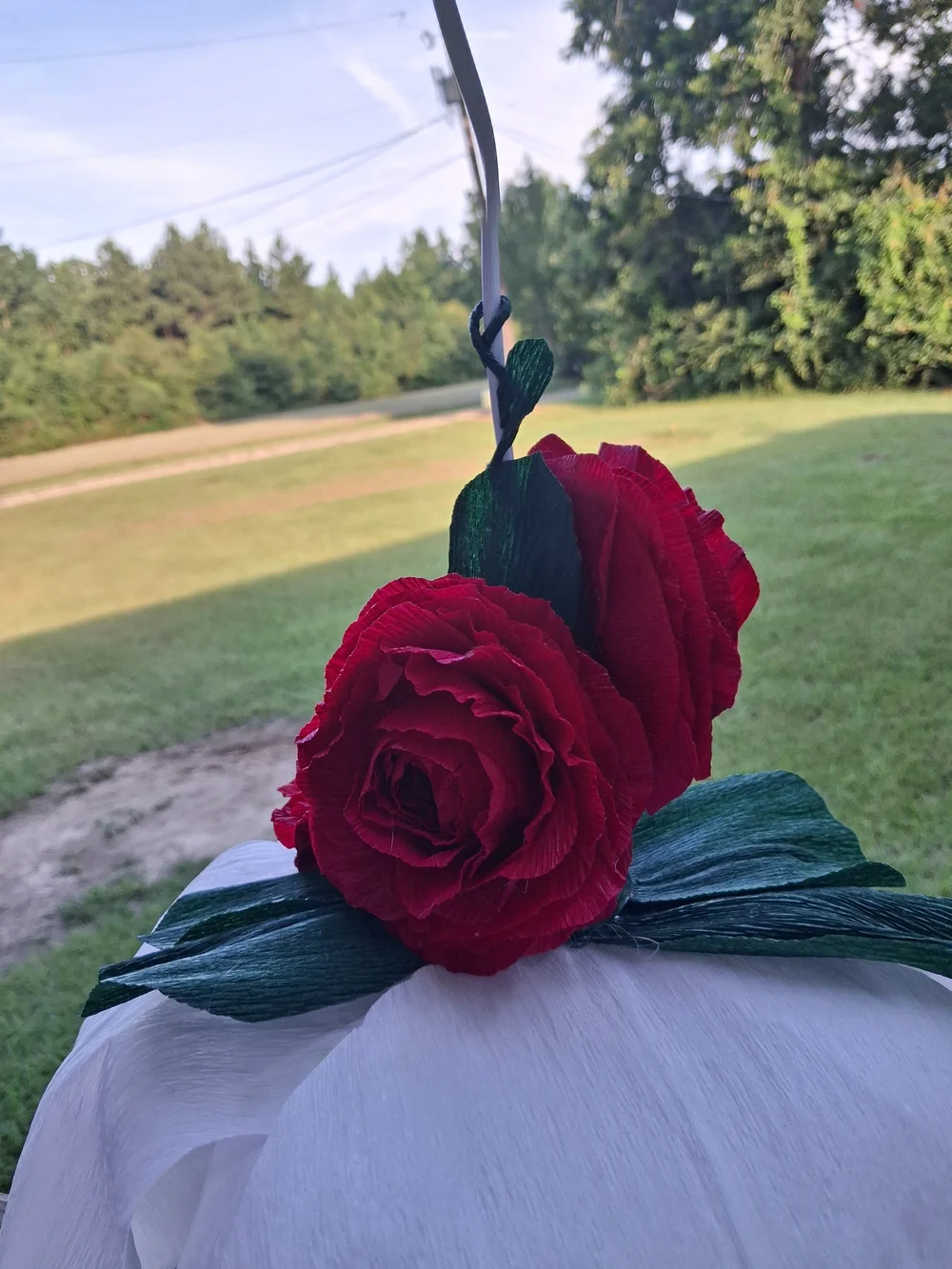 Handcrafted White Floral Hanging LED Lamp with Red Rose Accent